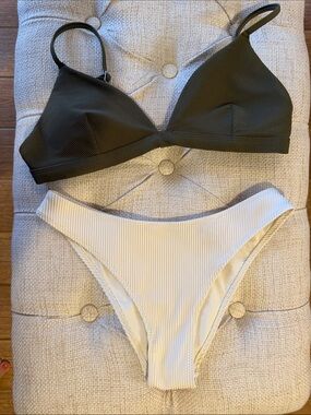 Abercrombie Olive Ribbed Triangle Bikini Top M with H & M Cream Ribbed Bottoms S